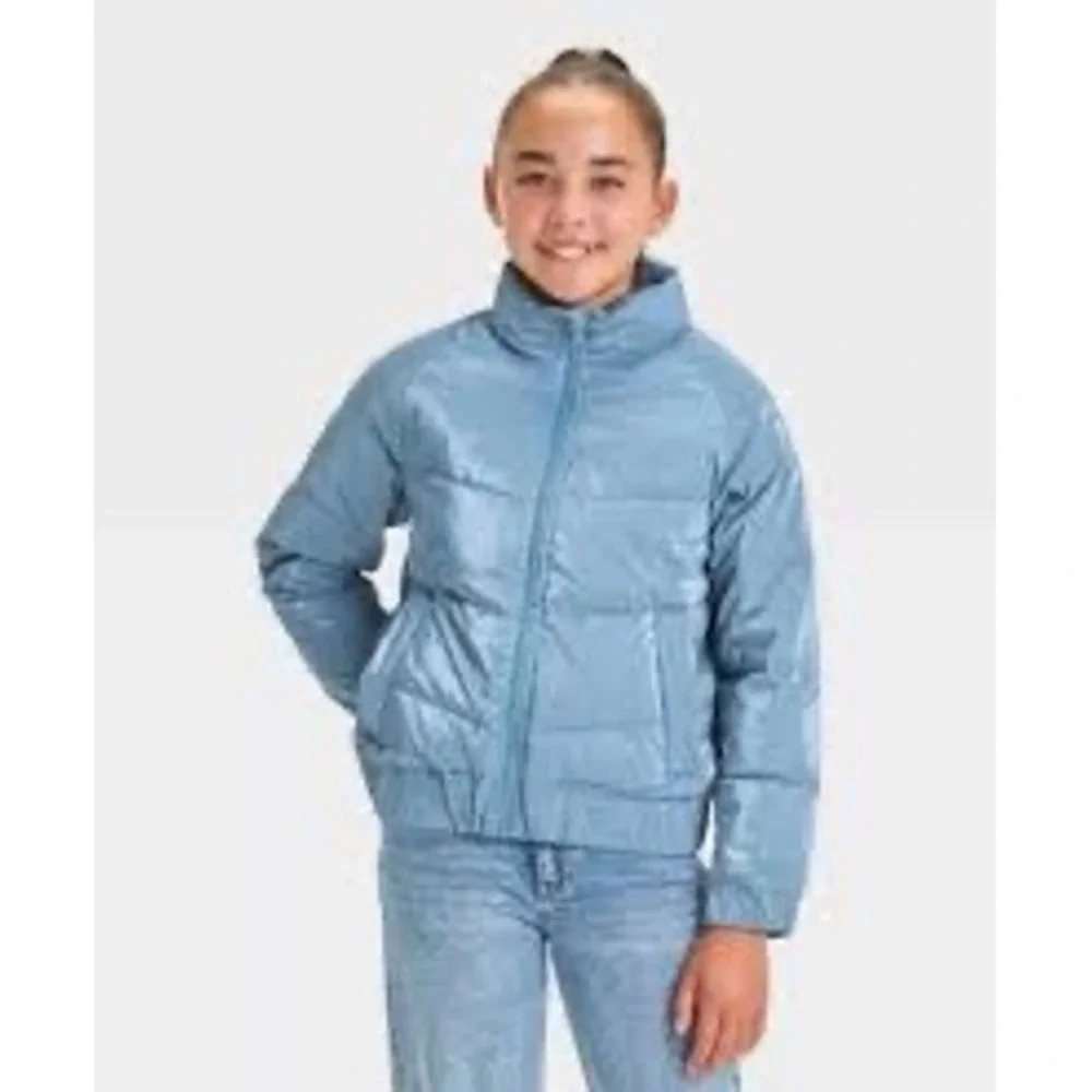 Art Class Girls Blue Shiny Puffer Jacket XL 14 High Shine Quilted Full Zip Coat